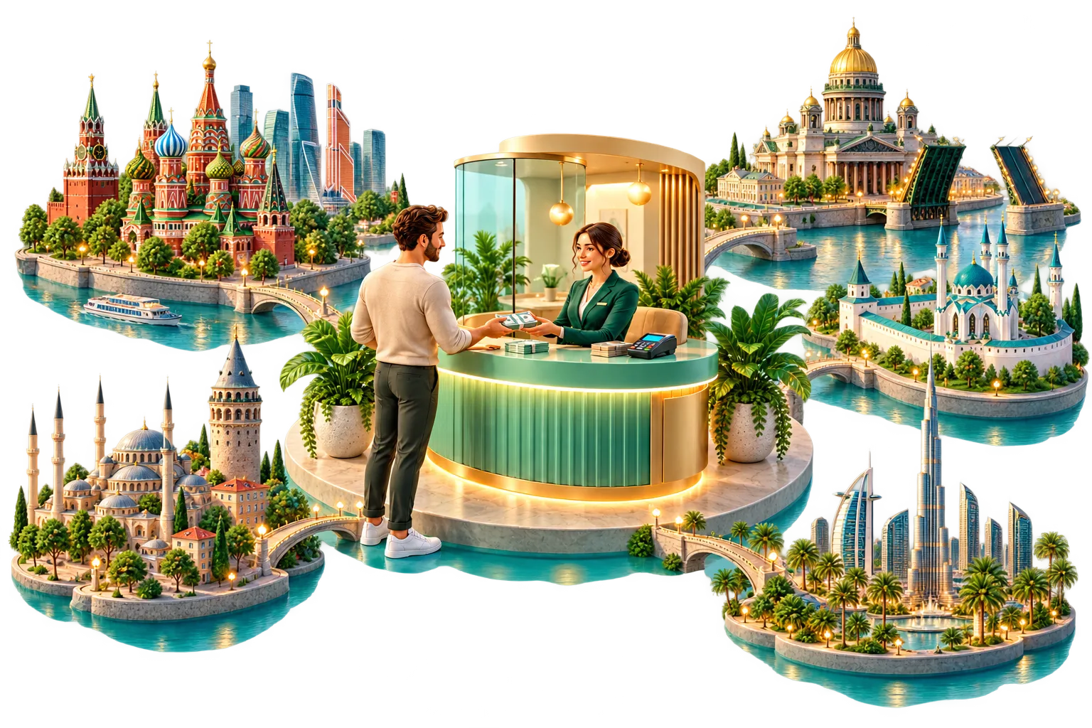 Иллюстрация обмена наличных на фоне силуэтов Москвы, Петербурга, Казани, Дубая и Стамбула